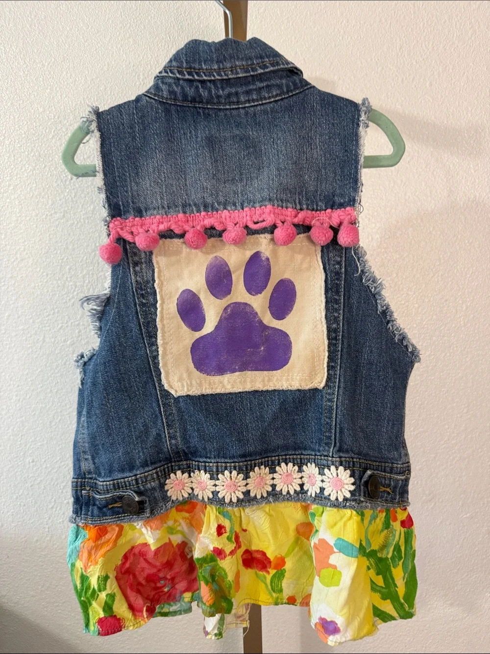 Girls' Denim Floral Embroidered Vest with Yellow Floral Hem